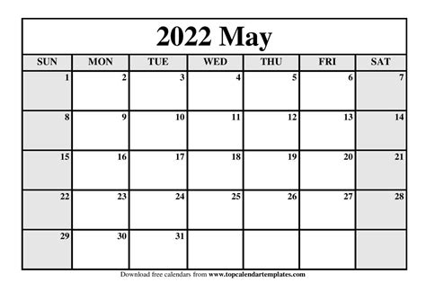 Blank May 2022 Calendar Editable
